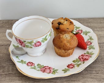 Royal Vale Pink Roses Fine Bone China Tennis Set | Mid-Century English Snack Plate Teacup
