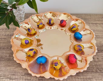 Fire-King Peach Lustre Deviled Egg Plate – Scalloped Glass Serving Dish
