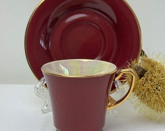 Demitasse Cup & Saucer Set by Crown Devon Fieldings England Burgundy Gold Lustre