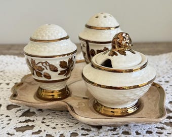Wade England Cruet Set on Fitted Base Plate, Hand Painted Gold Autumn Leaf Condiment Set, Mid-Century Tableware with Heavy Antique Crazing