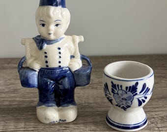 Vintage Delft Style Dutch Boy Figurine with Egg Cup Blue & White Ceramic Holland