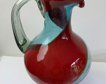 Large Vintage Hand-Blown Art Glass Pitcher Ewer Red & Aqua Swirl 39cm Murano Style