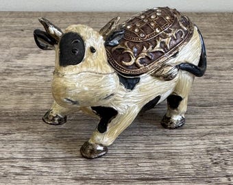 Vintage Bejeweled Cow Hinged Trinket Box Enamel Metal Rhinestone Figurine