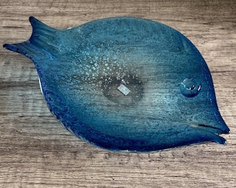 Vintage Japanese Blue Glass Fish Dish Silver Aventurine c1960s-70s JAPAN 22cm