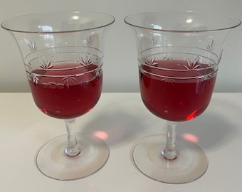 Starburst Etched Design Crystal Stemmed Wine Glasses Set of 2 c1960s