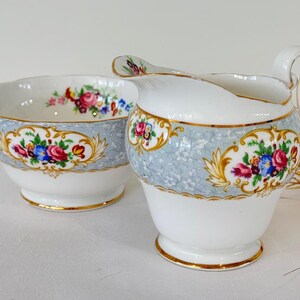 Lady Jane by Royal Standard Milk Jug/Creamer and Sugar Bowl Floral Insets On Blue Rim, Floral Centre