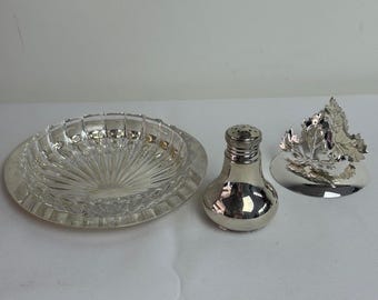 Silver Plate mixed items - saltshaker, letter holder and glass insert tray
