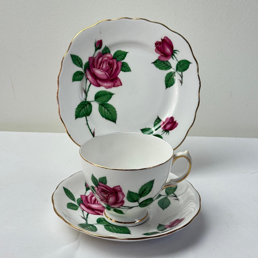 Rose Ridgeway England Large Pink Rose Bone China Trio Royal Vale Ridgeway Potteries Made in ...