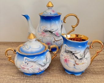 Vintage Japanese Dragonware Tea Set Trio Blue Moriage Dragon Teapot Sugar Bowl Creamer Gold Gilt 1950s
