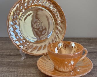 Fire-King Peach Lustre Swirl Tea Trio Cup Saucer Side Plate Vintage