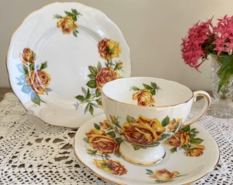 Vintage Royal Standard Teacup Trio - Romany Rose Pattern, 1950s English Fine Bone China Tea Cup, Saucer, and Side Plate Set