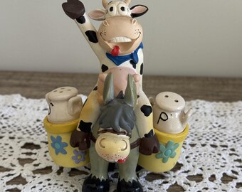 Whimsical Vintage Ceramic Cow Riding Donkey Salt & Pepper Shaker Set - 3pc Kitsch Farmhouse Cruet