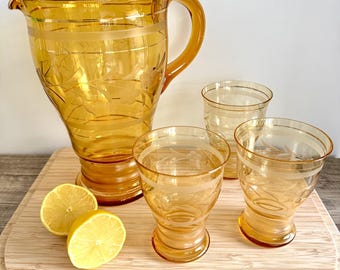 Amber Glass Lemonade Set | Etched Wheat Pattern Pitcher & 3 Tumblers | Mid Century Barware | Retro Entertaining Set