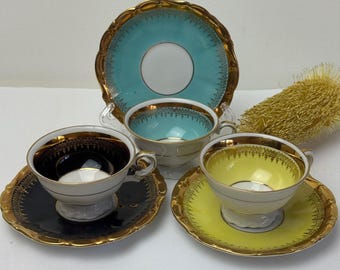 Bareuther Bavaria Harlequin Demitasse Cups & Saucers | Set of 3 | Art Deco Coffee Cups | Yellow Blue Black | Germany | c1930s