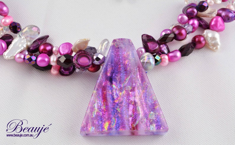 Purple necklace Pink necklace Dichroic pendant Gemstone Jewellery Semi precious Unique Beaded Necklace Glass Jewellery Handmade Beauje
