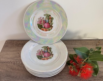 Japanese Lustreware Dessert Plates Set of 6 – Iridescent Pearl Finish with Romantic Courting Scene