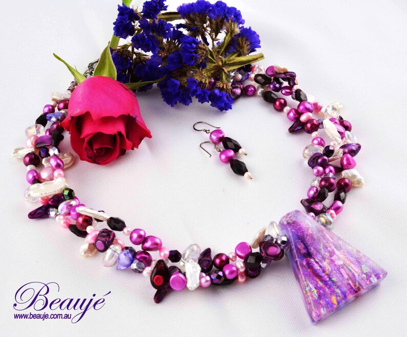 Purple necklace Pink necklace Dichroic pendant Gemstone Jewellery Semi precious Unique Beaded Necklace Glass Jewellery Handmade Beauje