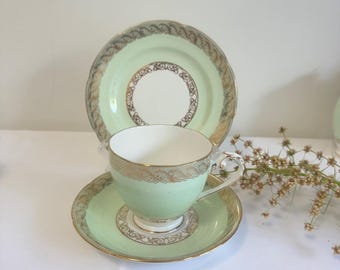 Royal Grafton Mint Green Teacup Trio Gold Filigree English Bone China Tea Set