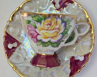 Lustreware Pink Floral Japanese Footed Teacup with Reticulated Saucer c1950's