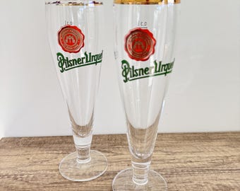 Pilsner Urquell Beer Glasses Pair Gold Rim Stemmed Brewery Pub Barware