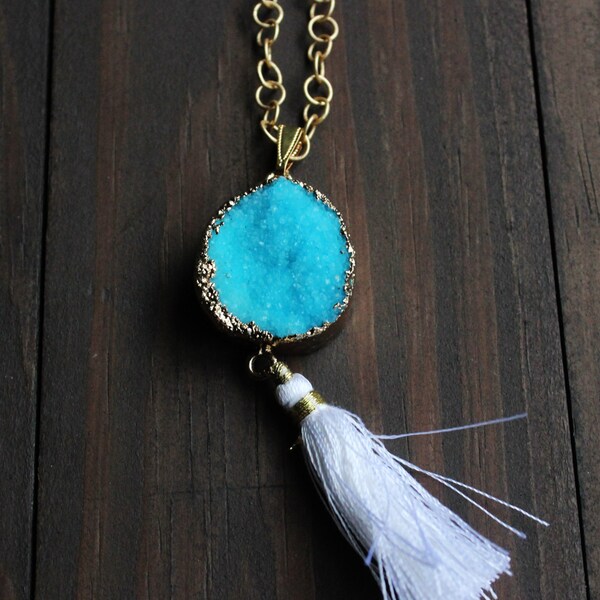 Aqua Druzy Tassel Gold Plated Necklace