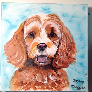 May include: A painting of a brown and white dog with a pink tongue sticking out. The dog is painted on a light blue background.