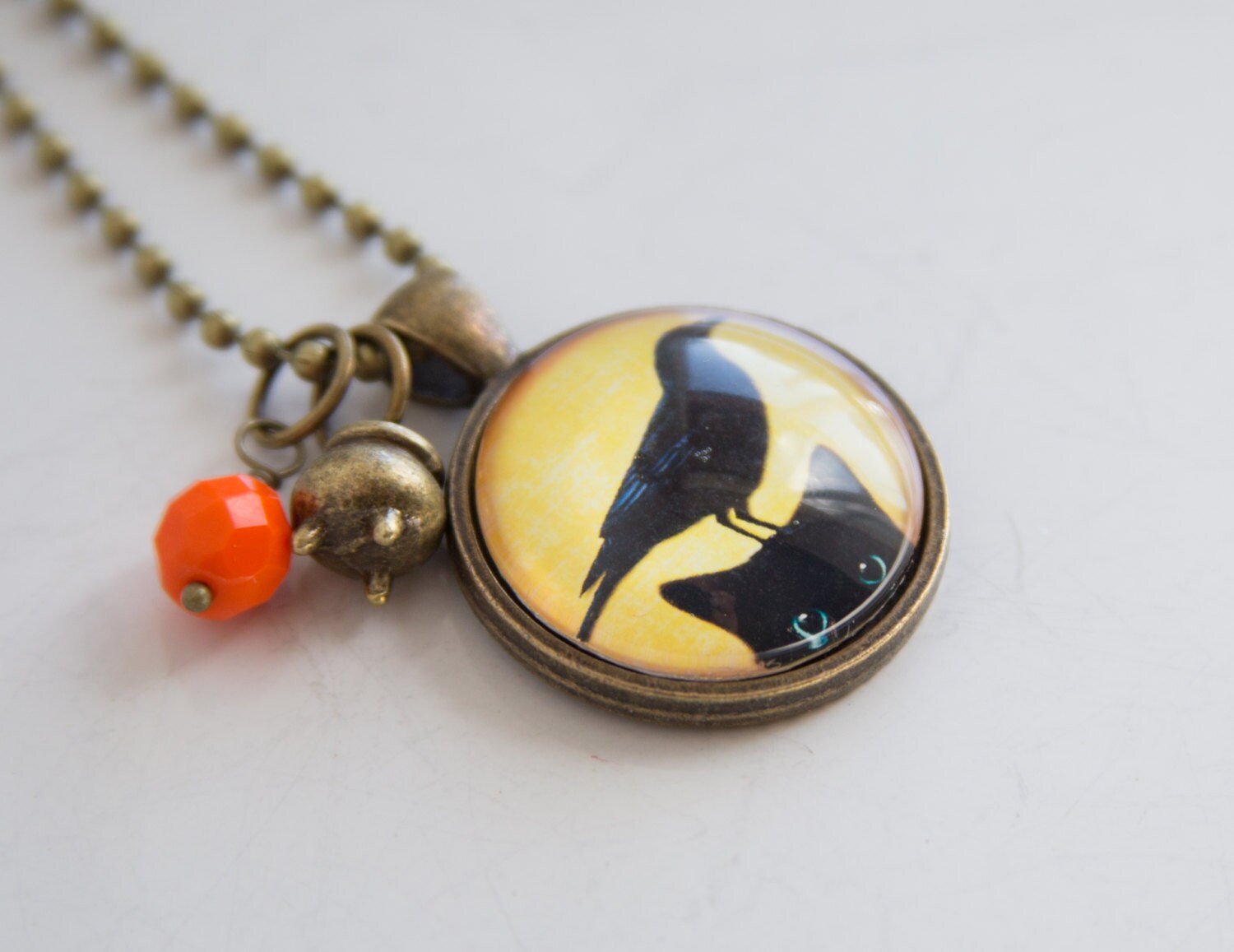 Black Cat Necklace with Bird Art Pendant Halloween Etsy