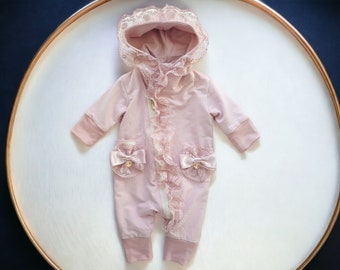 Luxurious merino wool-lined dirty pink jumpsuit with lace and Swarovski crystals for girls. Newborn/baby outdoor snowsuit,coming home outfit