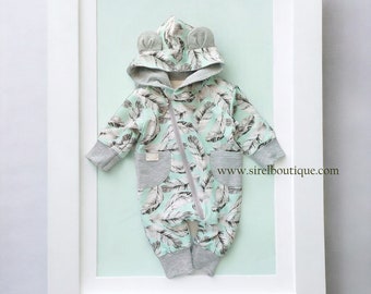 Merino wool-lined double-layered mint&gray unisex jumpsuit for spring/autumn. Newborn/baby outdoor snowsuit, baby unisex clothing