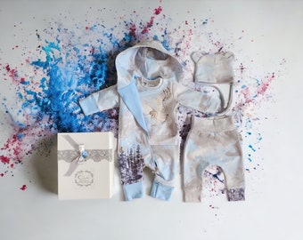 Baby boy homecoming outfit with merino wool-lined double-layered blue jumpsuit, baby hat, pants &sweatshirt. Newborn/baby gift set, giftbox