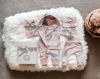 Baby girl homecoming outfit with merino wool-lined double-layered pink jumpsuit, baby hat, pants &sweatshirt. Newborn/baby gift set, giftbox