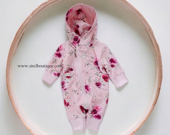 Merino wool double-layered pink jumpsuit with flowers for girls winter/autumn/spring. Newborn/baby outdoor snowsuit, homecoming outfit