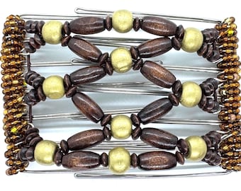 Pinza para el cabello con forma de mariposa, peine de acero inoxidable de 7 puntas con cuentas de madera negras y marrones / Un año de garantía
