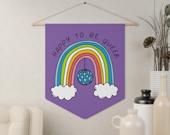 Happy to Be Queer Rainbow Pennant, LGBTQ+ Home Decor, Pride Wall Hanging, Gay Rights Flag, Colorful Room Decoration