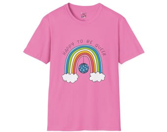Happy to be Queer Rainbow T-Shirt, Unisex Softstyle Tee for Summer, Pride, Birthday, LGBTQ+, Casual Wear, Gift Idea