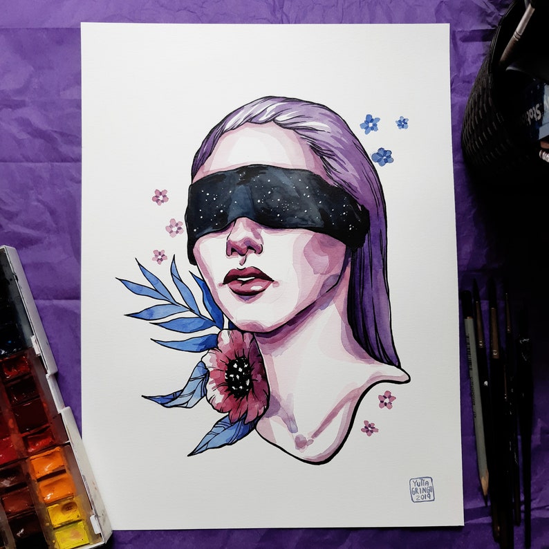 Night Gicl\u00e9e print Watercolor and ink A4 Halloween Inktober drawing A3 A3+