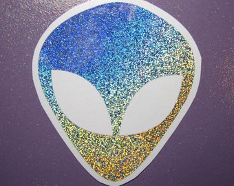 Holographic Rainbow Alien Head Sticker, Vinyl Waterproof Decal for laptop, car, or tumbler