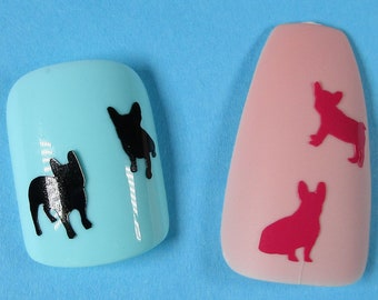 Małe naklejki na paznokcie z motywem buldoga francuskiego, do samodzielnego wykonania manicure w domu