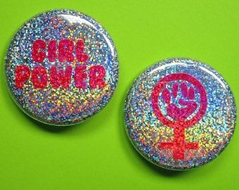 Holographic Rainbow and pink Girl Power Pin 1.25 inch or 2.25" round button, choose one or both