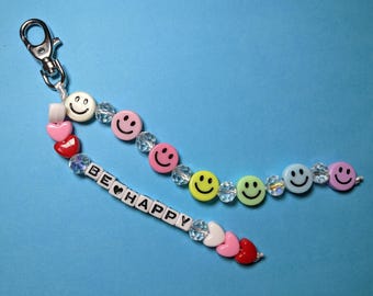 Ciondolo per borsa con perline: ciondolo per borsa con faccina sorridente arcobaleno