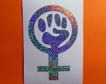 Feminist Vinyl Decal, Venus Symbol Raised Fist, Waterproof Holographic Sticker for laptop, tumbler or car