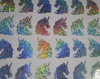 Naklejki wodoodporne z motywem jednorożca, holograficzne, srebrne, brokatowe, winylowe, 2,5 cm, do dziennika, laptopa lub kubka