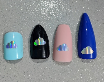 Small Rainbow Holographic Cloud Vinyl Nail Decals, Silver Oil Slick Nail Art for DIY nails