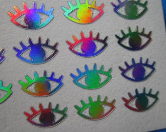 Rainbow Holographic Tiny Evil Eye Nail stickers, Silver Oil Slick Vinyl waterproof decals