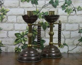 Pair of Antique Arts and Crafts Copper and Brass Candlesticks - Christopher Dresser - Benham & Froud