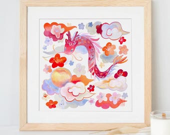 PRINT Chinese Dragon Painting, Auspicious Clouds Wall Art, Lunar New Year Zodiac Decor (8x8", 12x12")