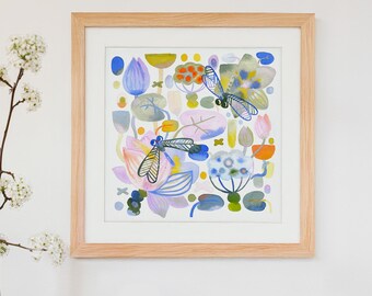 PRINT Dragonfly Lotus Pond Painting, Whimsical Nursery Wall Art, Lotus Flower Decor (8x8", 12x12")