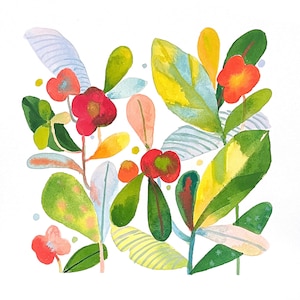 Crown of Thorns Plant Print of Original Watercolor with Euphorbia Milii Flowers Abstract Floral Art Unframed Print Square 8.5x8.5&quot;