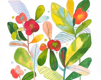 Crown of Thorns Plant Print OR Original Watercolor with Euphorbia Milii Flowers Abstract Floral Art Unframed Print Square