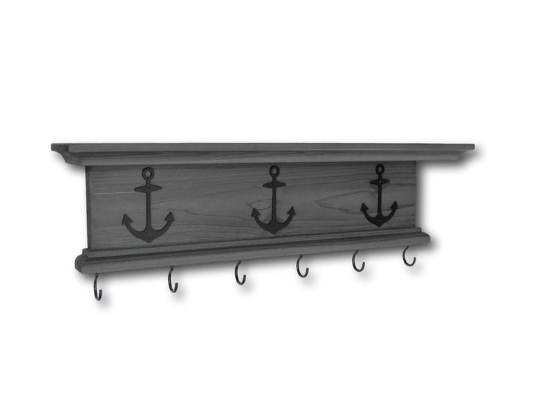 Key Holder Wall Shelf Rustic Wood Handmade Mounted 18 Inch With Nautical Boat Anchors Gray Finish